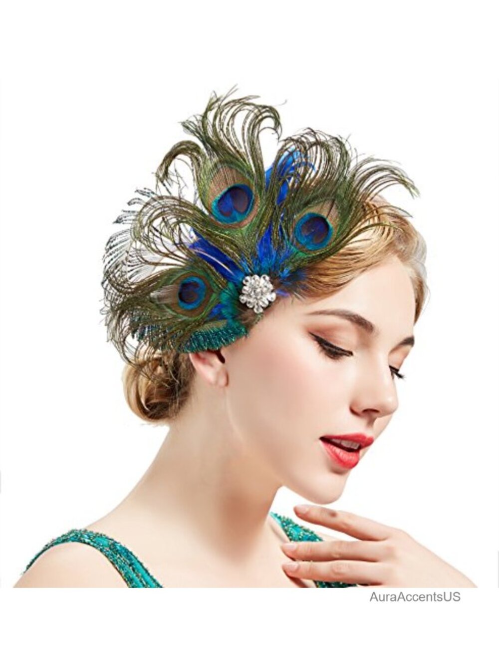Peacock Feather Hair Clip Fascinator with Rhinestones Handmade